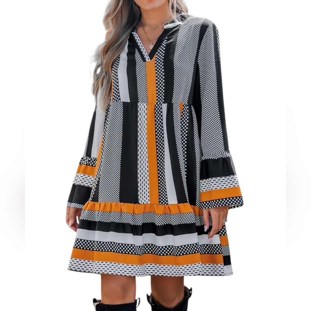 Emery Rose Halloween Patchwork Flared Sleeve Mini Dress Orange Black Boho 4X New